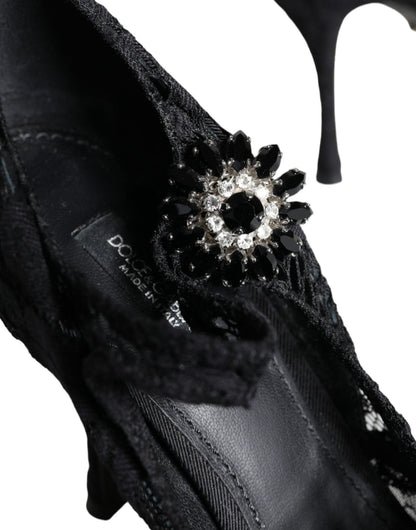 Dolce & Gabbana Black Mary Jane Pumps Lace Crystals Heels Shoes - SMARTMARTNZ