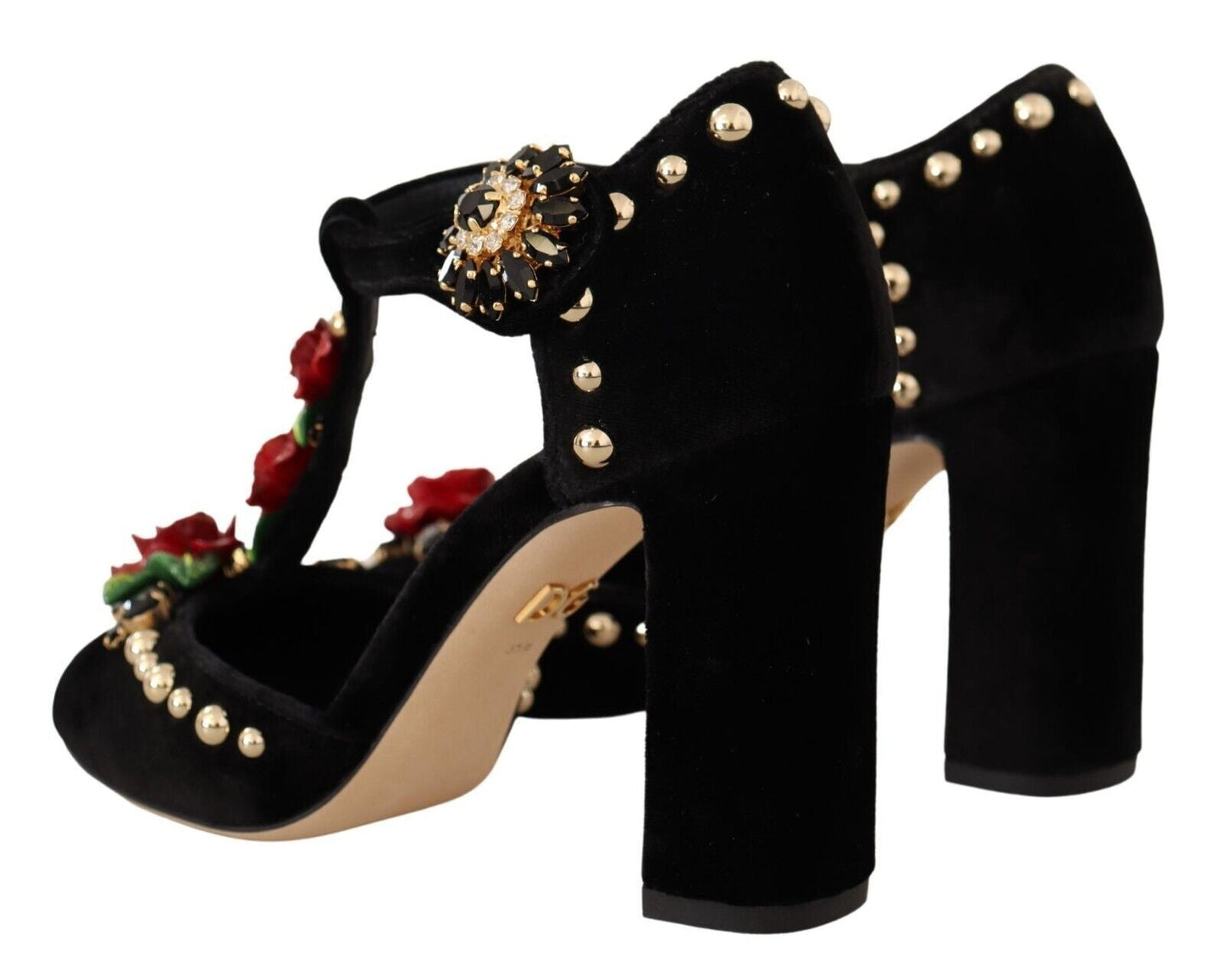 Dolce & Gabbana Black Mary Jane Pumps Roses Crystals Shoes - SMARTMARTNZ
