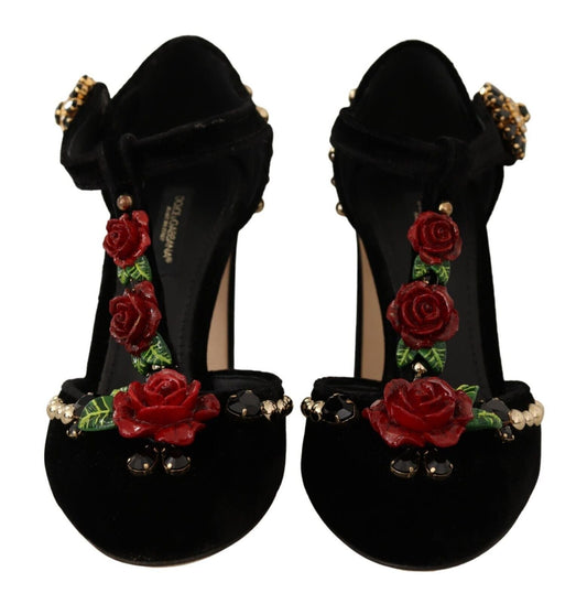 Dolce & Gabbana Black Mary Jane Pumps Roses Crystals Shoes - SMARTMARTNZ