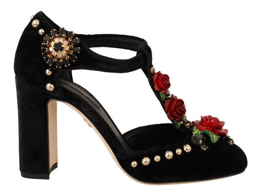 Dolce & Gabbana Black Mary Jane Pumps Roses Crystals Shoes - SMARTMARTNZ