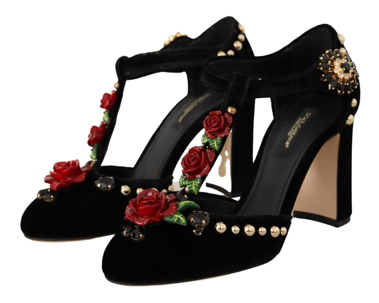 Dolce & Gabbana Black Mary Jane Pumps Roses Crystals Shoes - SMARTMARTNZ