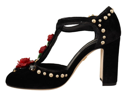 Dolce & Gabbana Black Mary Jane Pumps Roses Crystals Shoes - SMARTMARTNZ