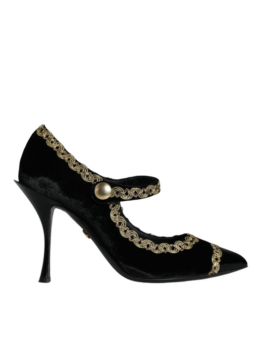 Dolce & Gabbana Black Mary Janes Velvet Gold Pumps Shoes - SMARTMARTNZ