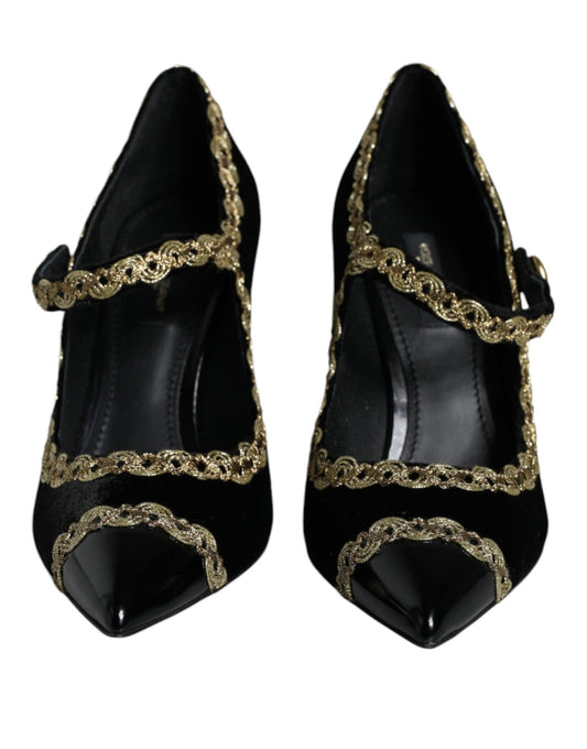 Dolce & Gabbana Black Mary Janes Velvet Gold Pumps Shoes - SMARTMARTNZ