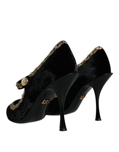 Dolce & Gabbana Black Mary Janes Velvet Gold Pumps Shoes - SMARTMARTNZ