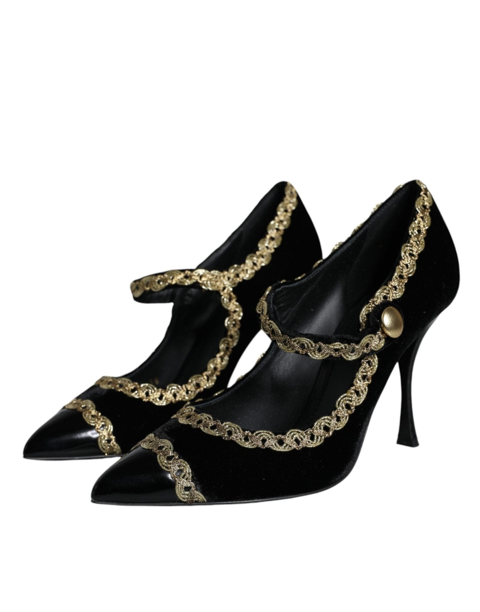 Dolce & Gabbana Black Mary Janes Velvet Gold Pumps Shoes - SMARTMARTNZ