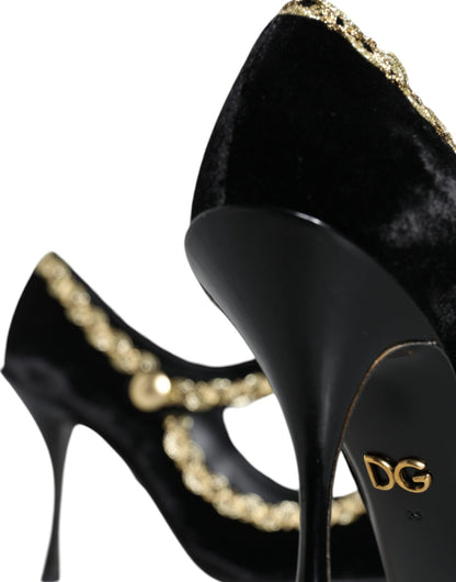 Dolce & Gabbana Black Mary Janes Velvet Gold Pumps Shoes - SMARTMARTNZ