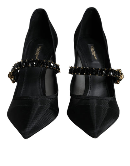 Dolce & Gabbana Black Mesh Mary Jane Crystal Heel Pumps Shoes - SMARTMARTNZ