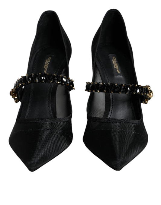 Dolce & Gabbana Black Mesh Mary Jane Crystal Heel Pumps Shoes - SMARTMARTNZ