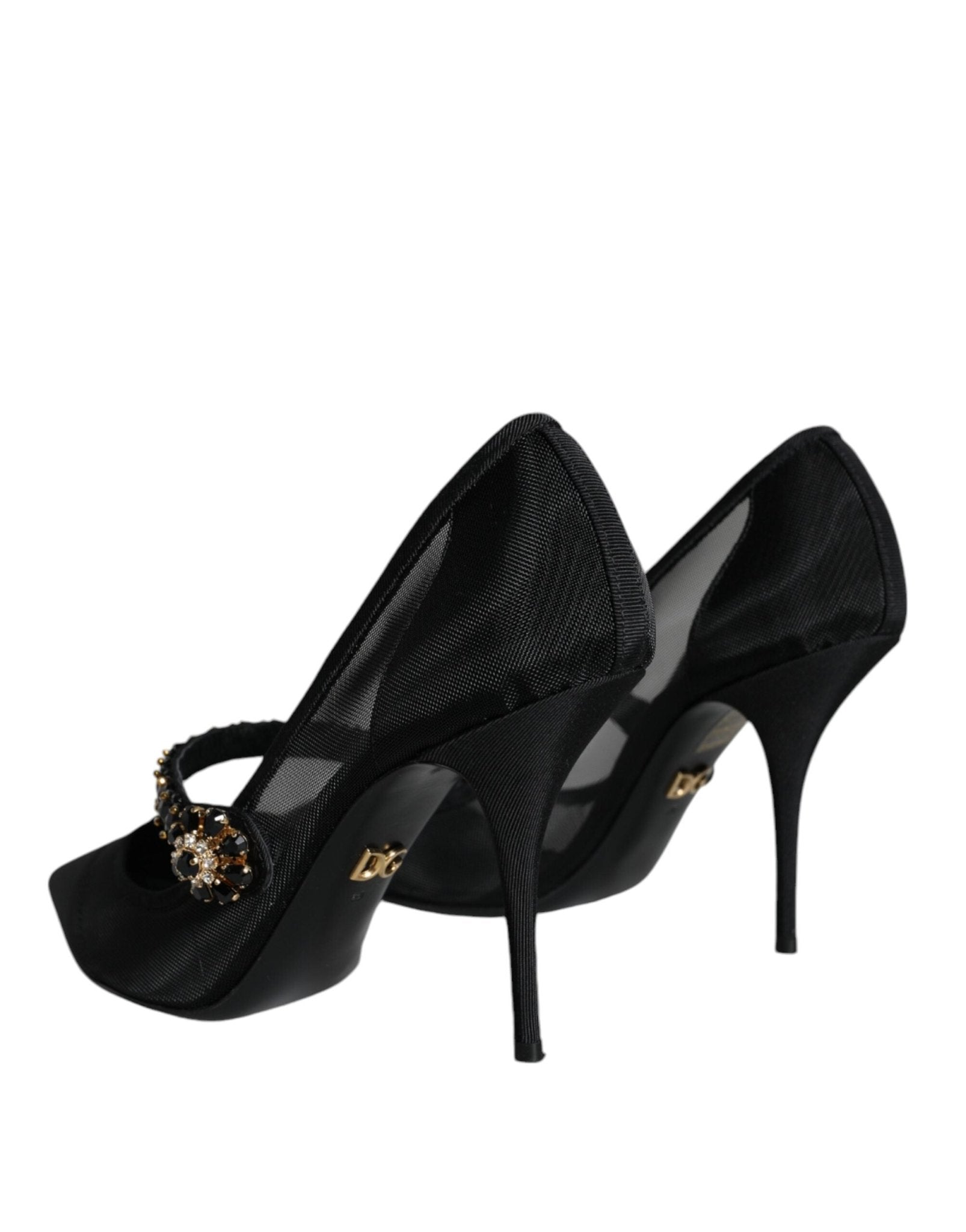 Dolce & Gabbana Black Mesh Mary Jane Crystal Heel Pumps Shoes - SMARTMARTNZ