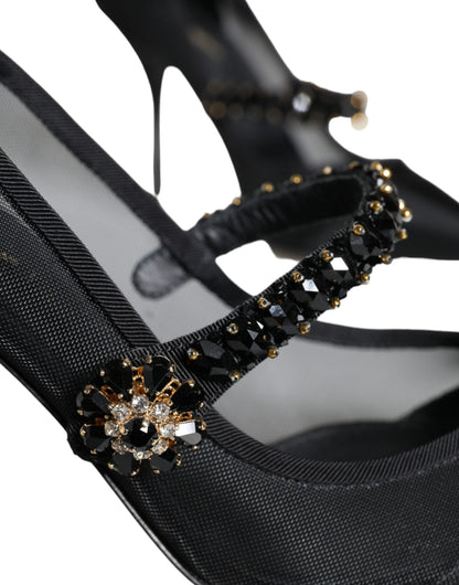Dolce & Gabbana Black Mesh Mary Jane Crystal Heel Pumps Shoes - SMARTMARTNZ