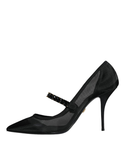 Dolce & Gabbana Black Mesh Mary Jane Crystal Heel Pumps Shoes - SMARTMARTNZ