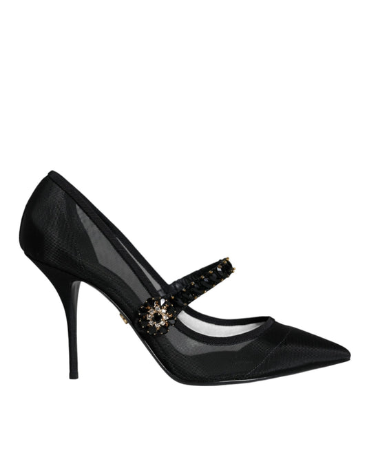 Dolce & Gabbana Black Mesh Mary Jane Crystal Heel Pumps Shoes - SMARTMARTNZ