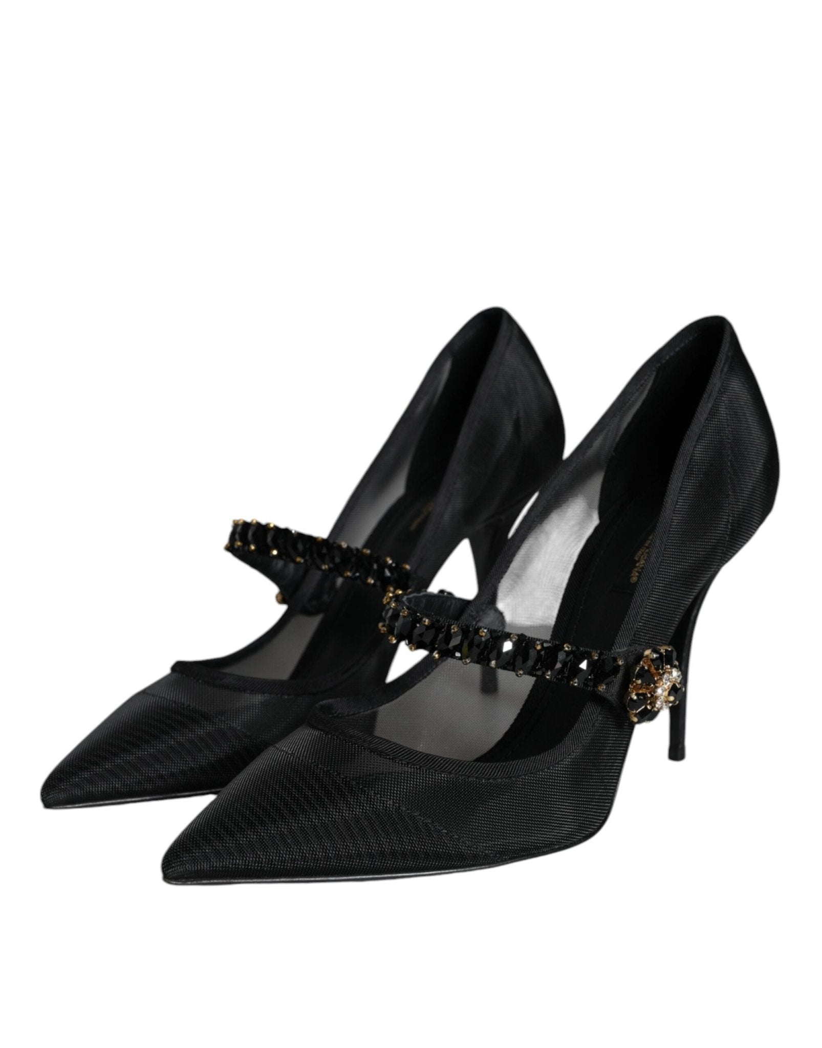 Dolce & Gabbana Black Mesh Mary Jane Crystal Heel Pumps Shoes - SMARTMARTNZ