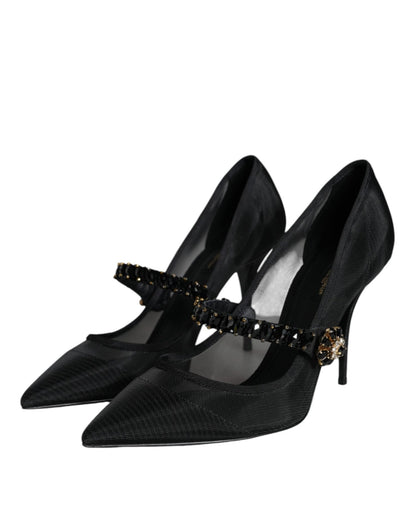 Dolce & Gabbana Black Mesh Mary Jane Crystal Heel Pumps Shoes - SMARTMARTNZ