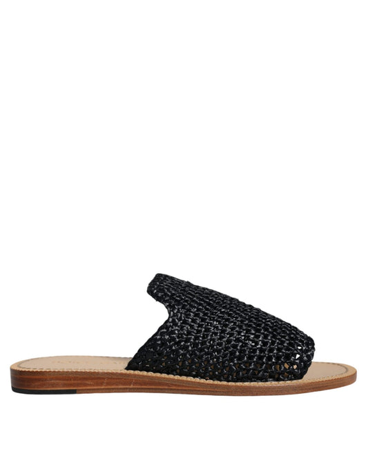 Dolce & Gabbana Black Monochrome Braided Raffia Slides Shoes - SMARTMARTNZ