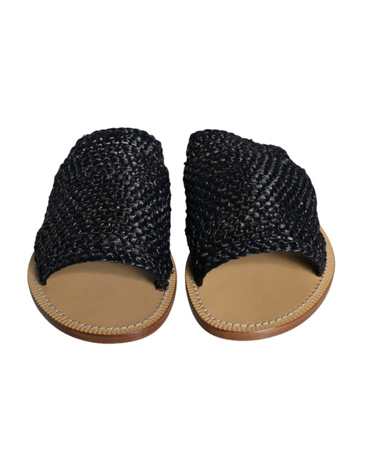 Dolce & Gabbana Black Monochrome Braided Raffia Slides Shoes - SMARTMARTNZ
