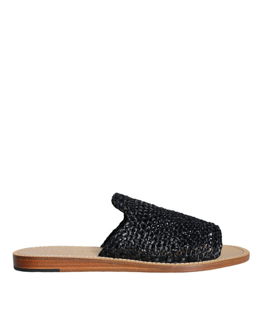 Dolce & Gabbana Black Monochrome Braided Raffia Slides Shoes - SMARTMARTNZ