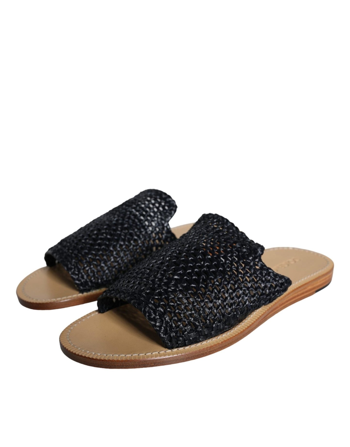 Dolce & Gabbana Black Monochrome Braided Raffia Slides Shoes - SMARTMARTNZ