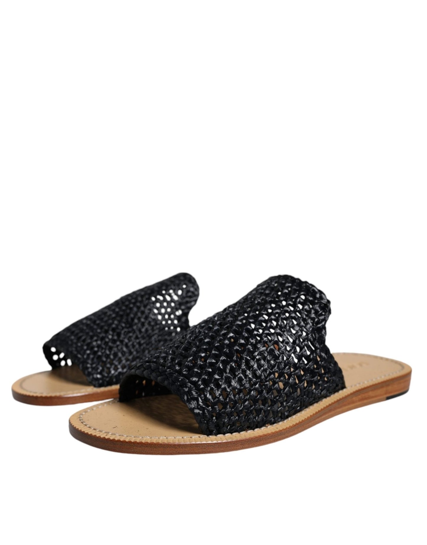 Dolce & Gabbana Black Monochrome Braided Raffia Slides Shoes - SMARTMARTNZ