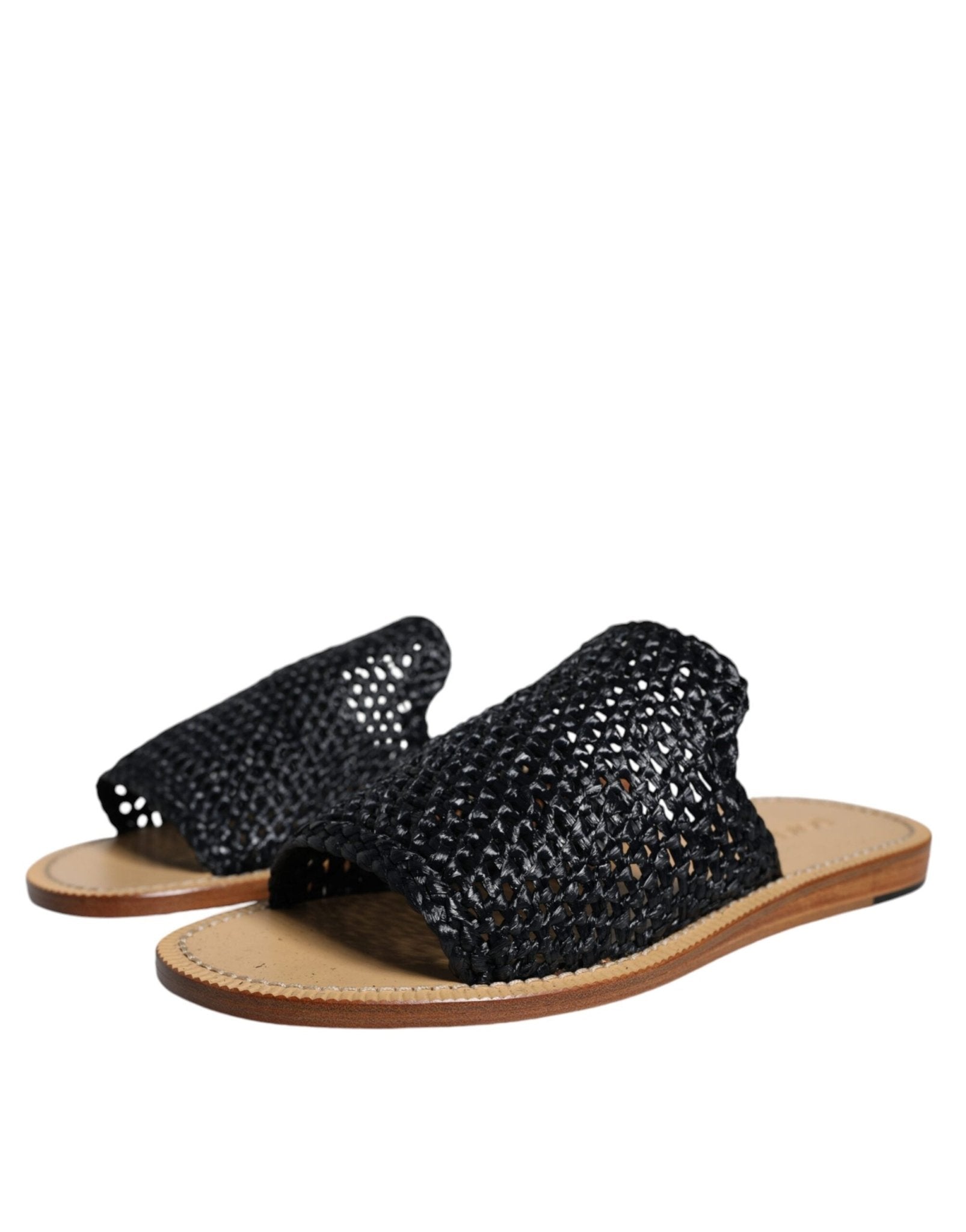 Dolce & Gabbana Black Monochrome Braided Raffia Slides Shoes - SMARTMARTNZ