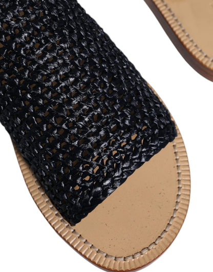 Dolce & Gabbana Black Monochrome Braided Raffia Slides Shoes - SMARTMARTNZ