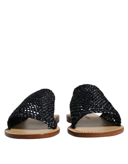 Dolce & Gabbana Black Monochrome Braided Raffia Slides Shoes - SMARTMARTNZ
