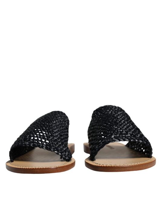 Dolce & Gabbana Black Monochrome Braided Raffia Slides Shoes - SMARTMARTNZ