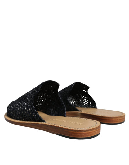 Dolce & Gabbana Black Monochrome Braided Raffia Slides Shoes - SMARTMARTNZ