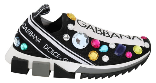 Dolce & Gabbana Black Multicolor Crystal Sneakers Shoes - SMARTMARTNZ