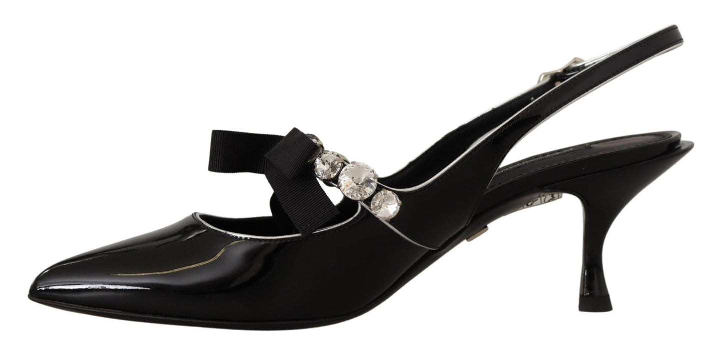 Dolce & Gabbana Black Patent Leather Crystal Slingbacks Shoes - SMARTMARTNZ