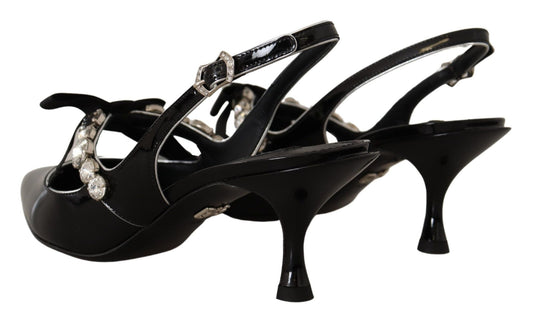 Dolce & Gabbana Black Patent Leather Crystal Slingbacks Shoes - SMARTMARTNZ