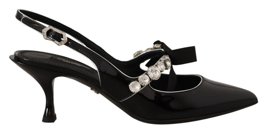 Dolce & Gabbana Black Patent Leather Crystal Slingbacks Shoes - SMARTMARTNZ