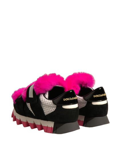 Dolce & Gabbana Black Pink Fur Embellished Sneakers Shoes - SMARTMARTNZ