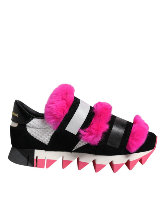 Dolce & Gabbana Black Pink Fur Embellished Sneakers Shoes - SMARTMARTNZ
