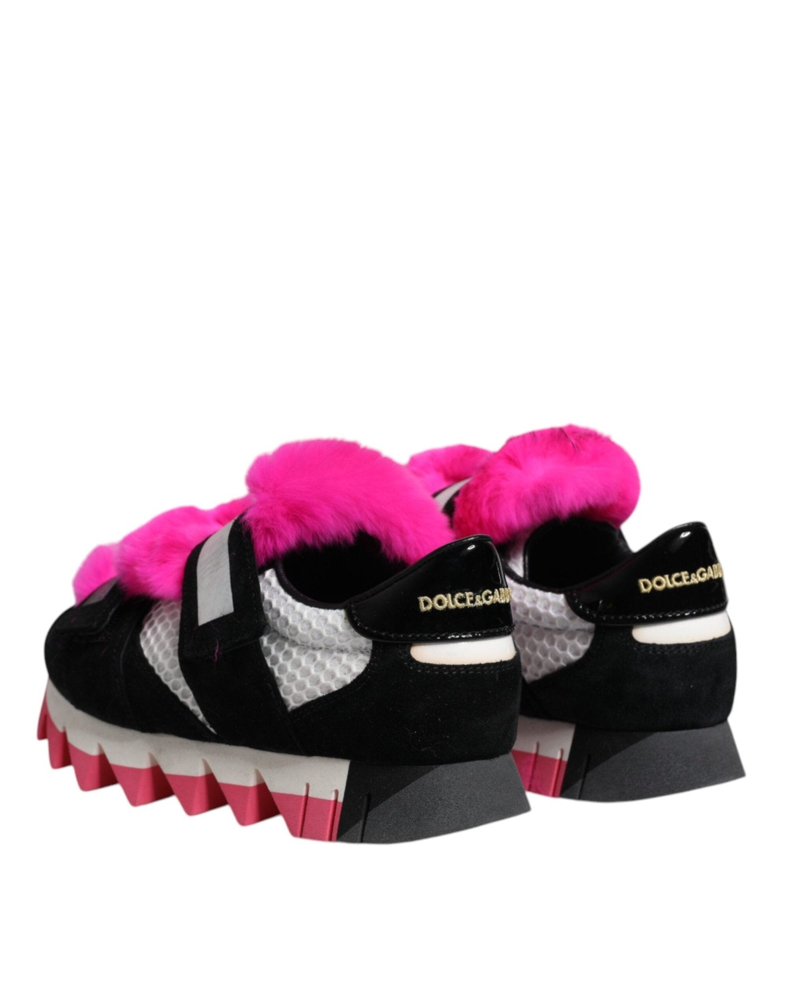 Dolce & Gabbana Black Pink Fur Embellished Sneakers Shoes - SMARTMARTNZ