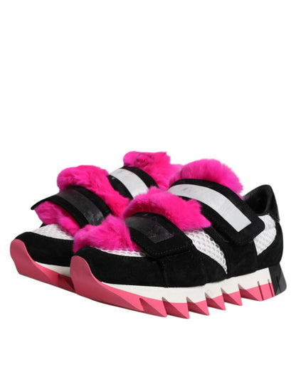 Dolce & Gabbana Black Pink Fur Embellished Sneakers Shoes - SMARTMARTNZ