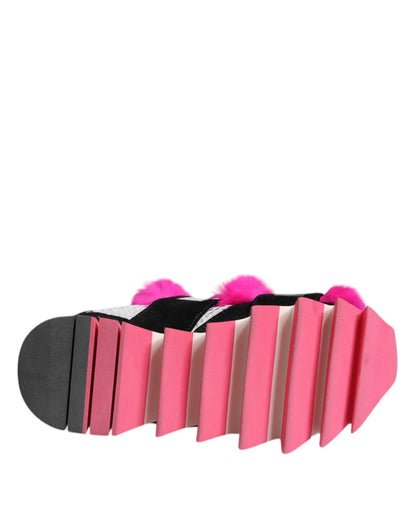 Dolce & Gabbana Black Pink Fur Embellished Sneakers Shoes - SMARTMARTNZ