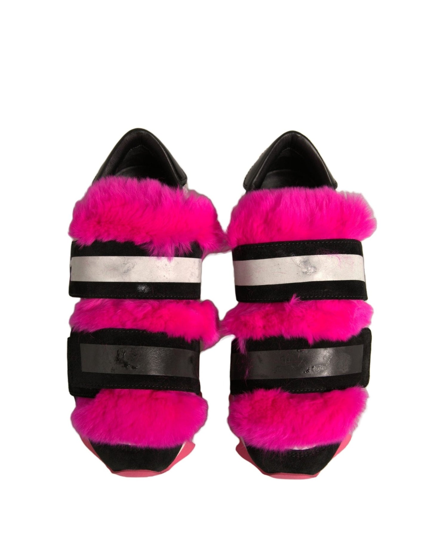 Dolce & Gabbana Black Pink Fur Embellished Sneakers Shoes - SMARTMARTNZ