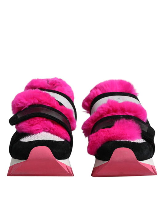 Dolce & Gabbana Black Pink Fur Embellished Sneakers Shoes - SMARTMARTNZ