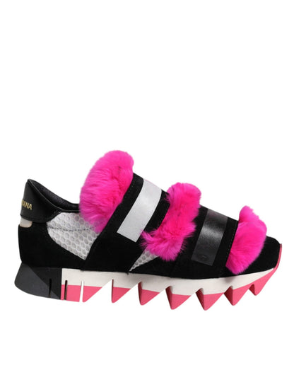 Dolce & Gabbana Black Pink Fur Embellished Sneakers Shoes - SMARTMARTNZ