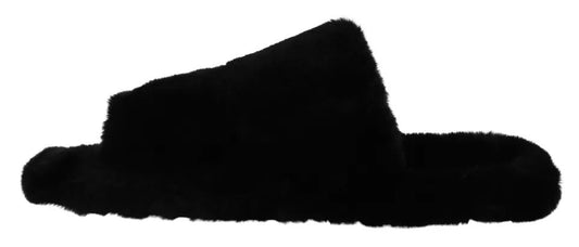 Dolce & Gabbana Black Polyester Faux Fur Mens Flats Sandals Shoes - SMARTMARTNZ