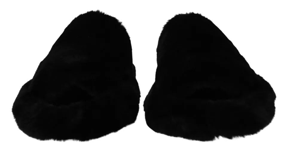 Dolce & Gabbana Black Polyester Faux Fur Mens Flats Sandals Shoes - SMARTMARTNZ