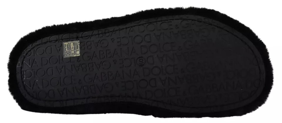 Dolce & Gabbana Black Polyester Faux Fur Mens Flats Sandals Shoes - SMARTMARTNZ