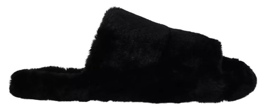 Dolce & Gabbana Black Polyester Faux Fur Mens Flats Sandals Shoes - SMARTMARTNZ