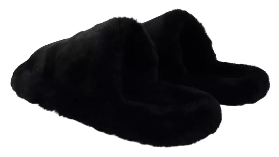 Dolce & Gabbana Black Polyester Faux Fur Mens Flats Sandals Shoes - SMARTMARTNZ