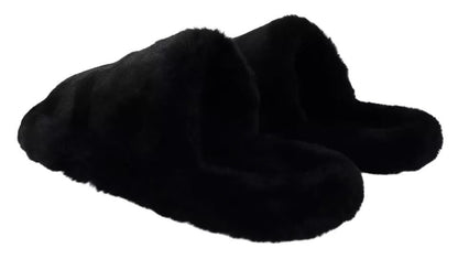 Dolce & Gabbana Black Polyester Faux Fur Mens Flats Sandals Shoes - SMARTMARTNZ