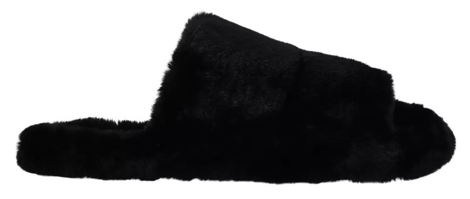 Dolce & Gabbana Black Polyester Faux Fur Mens Flats Sandals Shoes - SMARTMARTNZ