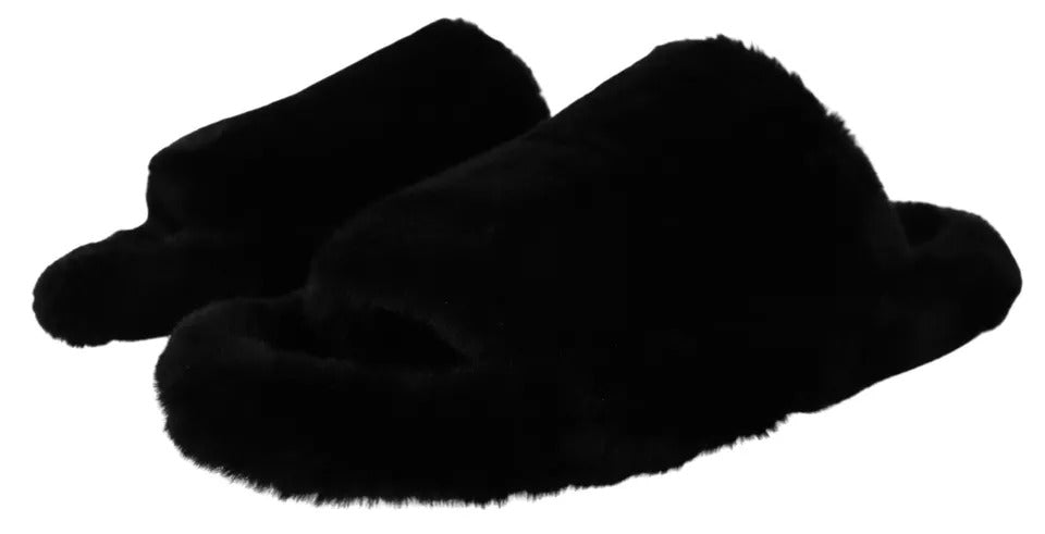 Dolce & Gabbana Black Polyester Faux Fur Mens Flats Sandals Shoes - SMARTMARTNZ