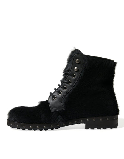 Dolce & Gabbana Black Pony Style Leather Mid Calf Boots Shoes - SMARTMARTNZ
